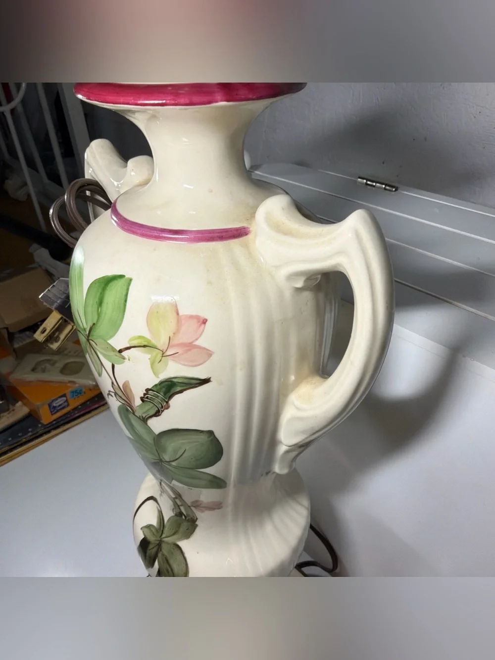 Vintage Floral Ceramic Table Lamp Urn Vase Style Hand Painted Ivy Design